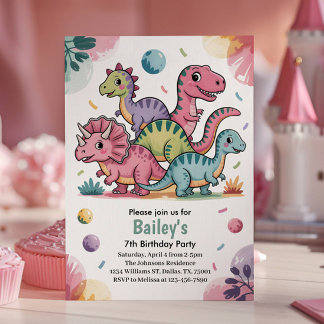 Kids Cute Pink Dinosaur 7th Birthday Party Invitation