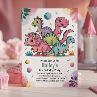 Kids Cute Pink Dinosaur 8th Birthday Party Invitation