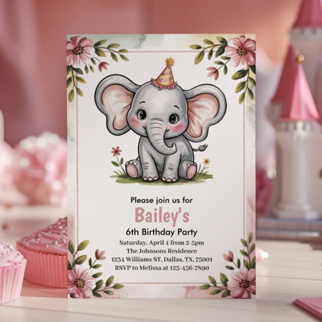 Kids Cute Pink Elephant 6th Birthday Party Invitation (Creator Uploaded)