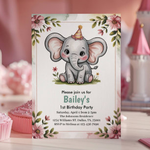 Kids Cute Pink Elephant Birthday Party Invitation