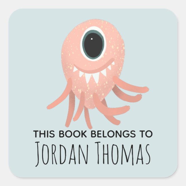 Kids Cute Pink Monster School Bookplate Square Sticker (Front)