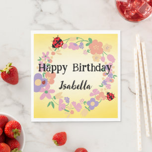 Kids Cute Polka dot Ladybug Spring Flower Birthday Napkin