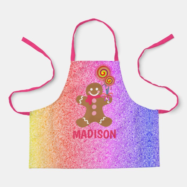 Kids Cute Rainbow Glitter Gingerbread Personalised Apron (Front)