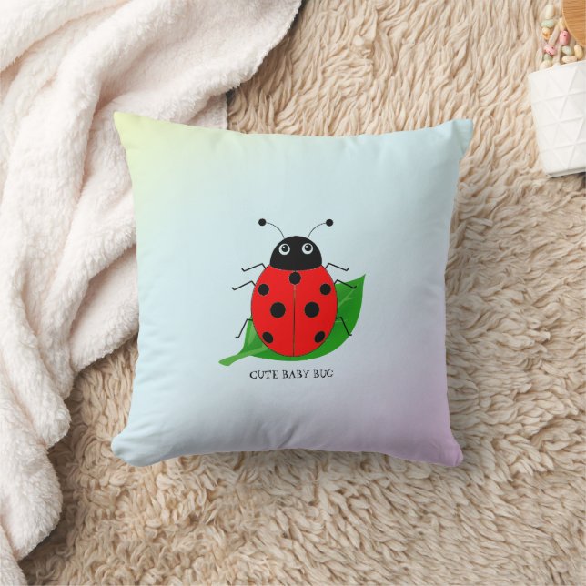 Kids Cute Red ladybug and green leaf on gradient Cushion (Blanket)