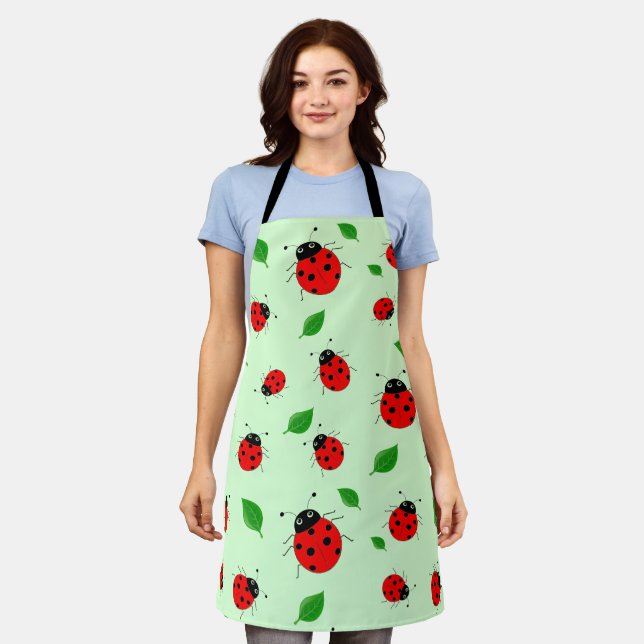 Kids Cute Red ladybug and green leave on gradient Apron (Worn)