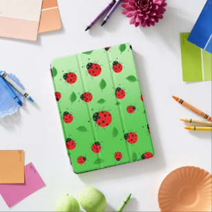 Kids Cute Red ladybug and green leave on gradient iPad Air Cover