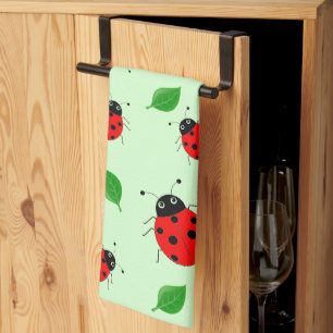 Kids Cute Red ladybug and green leave on gradient Tea Towel