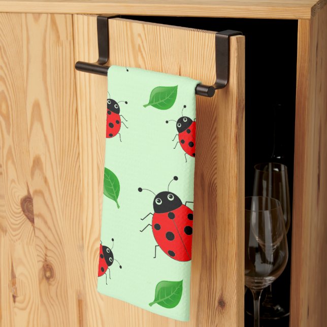 Kids Cute Red ladybug and green leave on gradient Tea Towel (Thirds Fold)