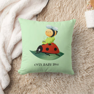 Kids Cute Red ladybug Bee bug insect on green leaf Cushion