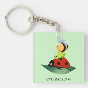 Kids Cute Red ladybug Bee bug insect on green leaf Key Ring
