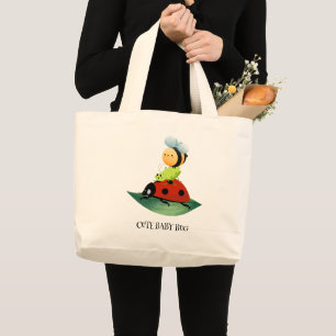 Kids Cute Red ladybug Bee bug insect on green leaf Large Tote Bag