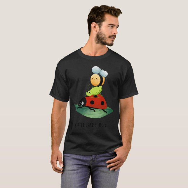 Kids Cute Red ladybug Bee bug insect on green leaf T-Shirt (Front Full)