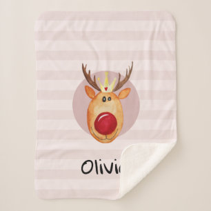 Kids Cute Rudolph Reindeer Christmas and Name Sherpa Blanket
