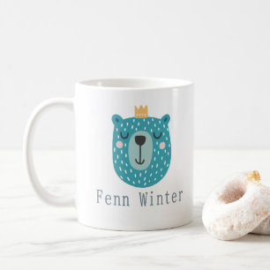 Kids Cute Scandi Blue Bear with crown Custom Name  Coffee Mug