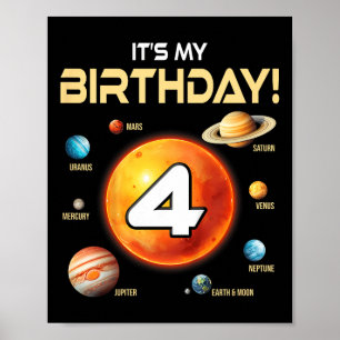Kids Cute Solar System 4th Birthday Four Years Old Poster