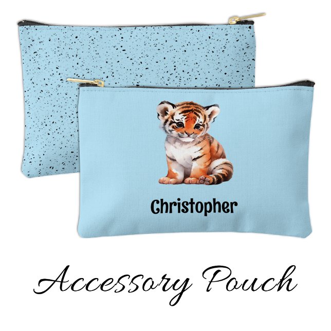 Kids cute tiger add a name blue black accessory pouch (Creator Uploaded)
