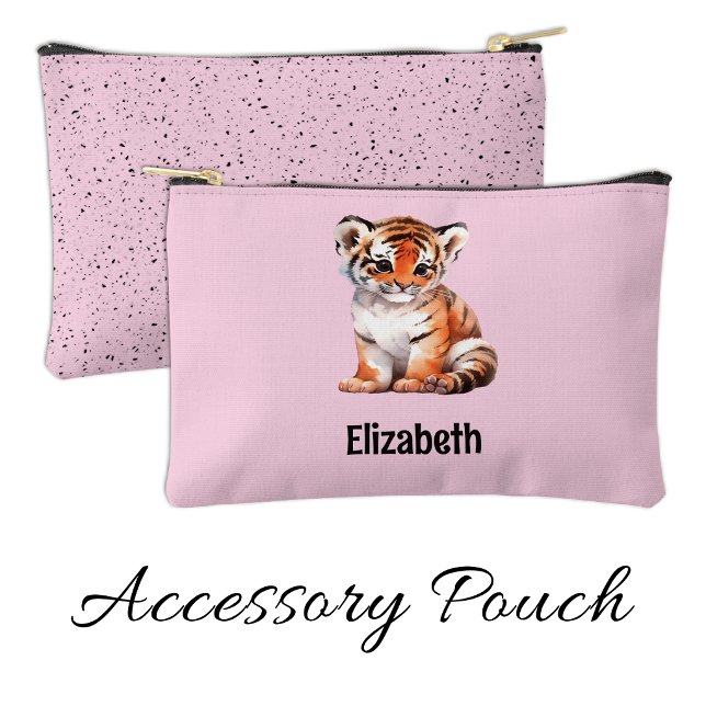 Kids cute tiger add a name pink black accessory pouch (Creator Uploaded)
