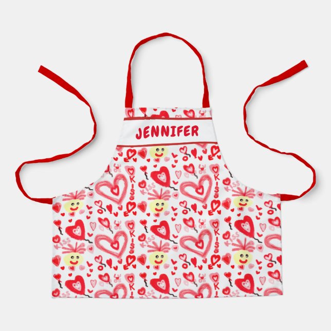 Kids Cute Valentines Red Pink Heart Doodles Name Apron (Front)