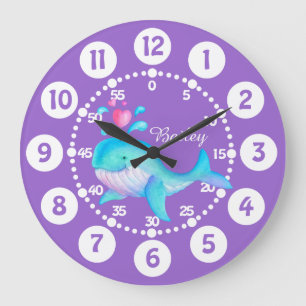 Kids cute whale spurting art purple aqua clock