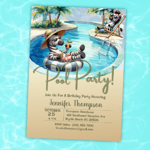 Kids Cute Zebra Safari Pool Party Birthday Invitation