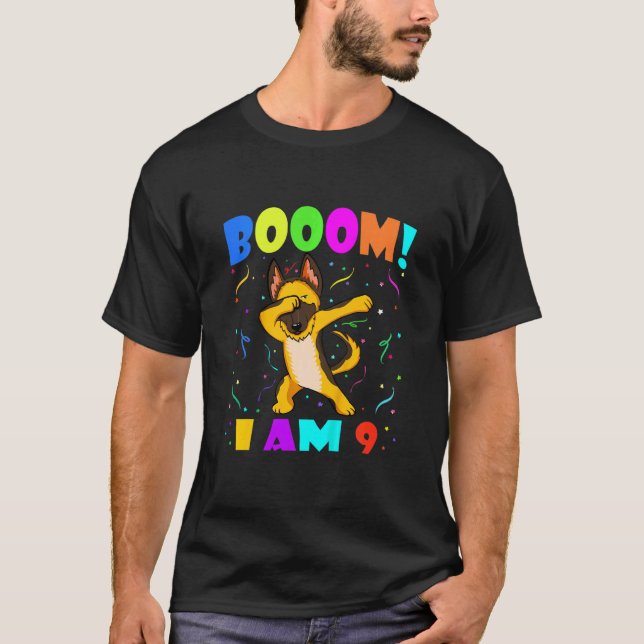 Kids Dabbing German Shepherd Booom I Am 9 Boy Girl T-Shirt (Front)