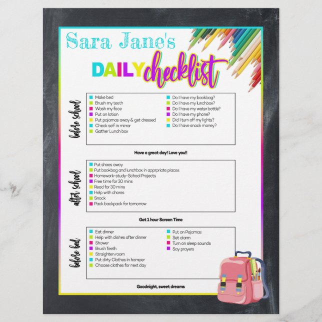 Kids Daily School Checklist Chart  Flyer (Front)