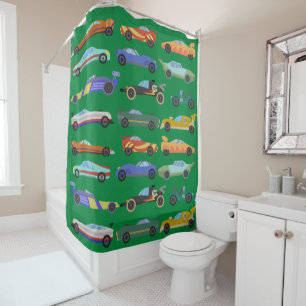 Kids Dark Green Race Car Shower Curtain