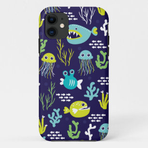 Kids deep sea fish marine illustration pattern iPhone 11 case