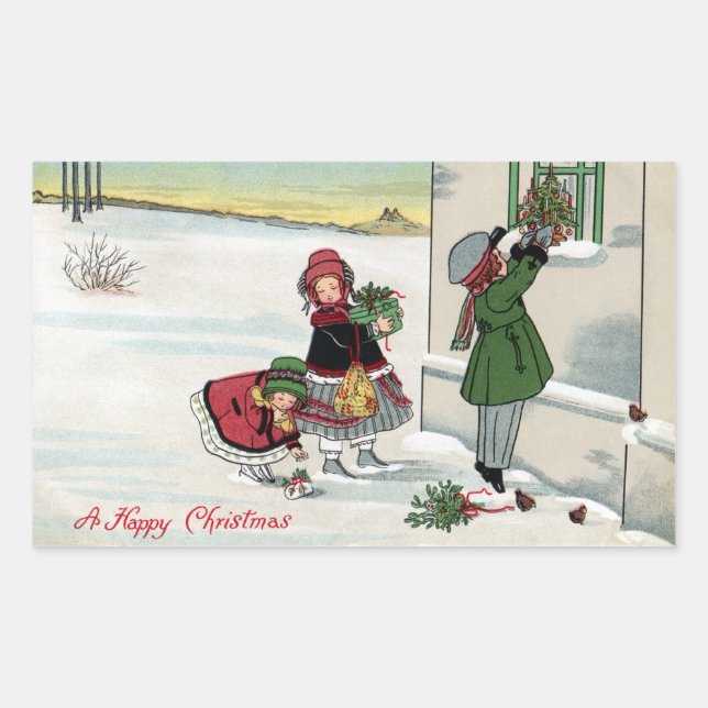 Kids Delivering Christmas Gifts Rectangular Sticker (Front)