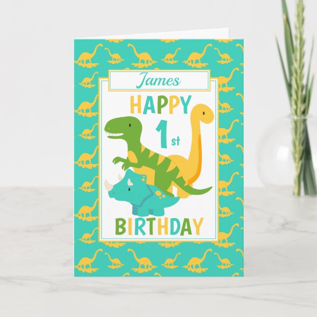 Kids Dinosaur 1st Birthday Blue Card (Front)