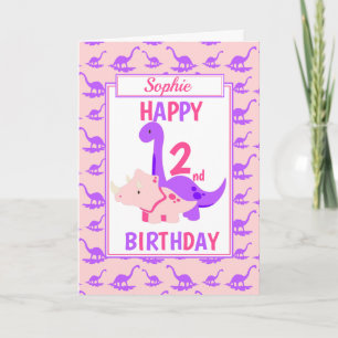 Kids Dinosaur 2nd Birthday Pink Card