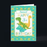 Kids Dinosaur 3rd Birthday Blue Card<br><div class="desc">A fun 3rd birthday card. This bright third birthday card features a cartoon green T-Rex dinosaur, a yellow Brontosaurus and a blue Triceratops, set on a blue and yellow dinosaur background A lovely cute design for a little boy who will be three years old. The birthday age and the child's...</div>