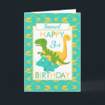 Kids Dinosaur 3rd Birthday Blue Card<br><div class="desc">A fun 3rd birthday card. This bright third birthday card features a cartoon green T-Rex dinosaur, a yellow Brontosaurus and a blue Triceratops, set on a blue and yellow dinosaur background A lovely cute design for a little boy who will be three years old. The birthday age and the child's...</div>