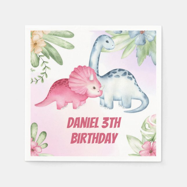  Kids Dinosaur 3rd Birthday Party Napkin (Front)