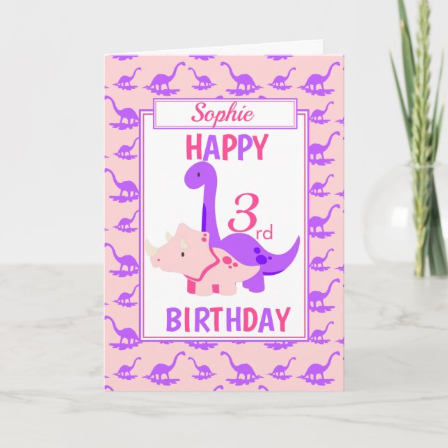 Kids Dinosaur 3rd Birthday Pink Card (Front)