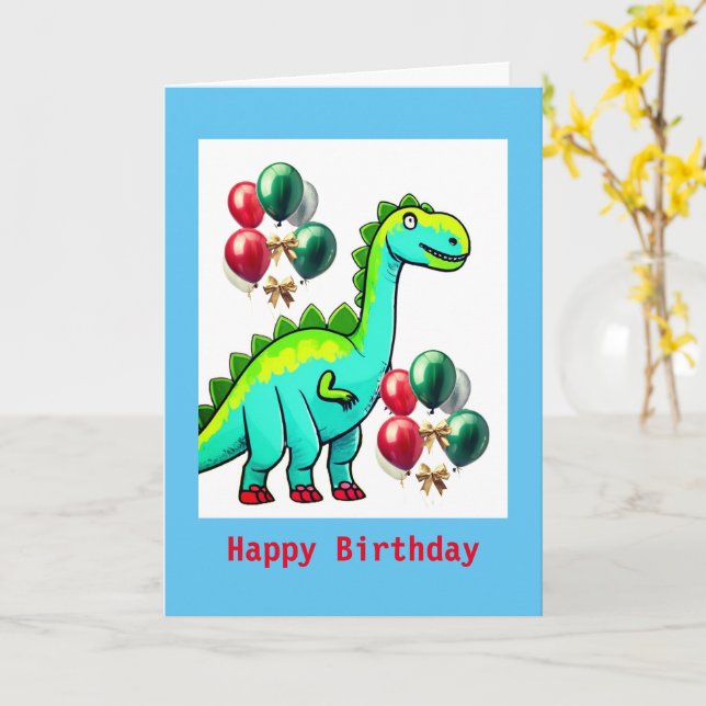 Kid's Dinosaur, 5" x 7" Folded Birthday Card (Yellow Flower)