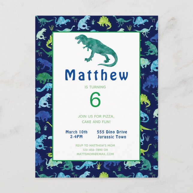 Kids Dinosaur Birthday Party T-Rex Invitation Postcard (Front)