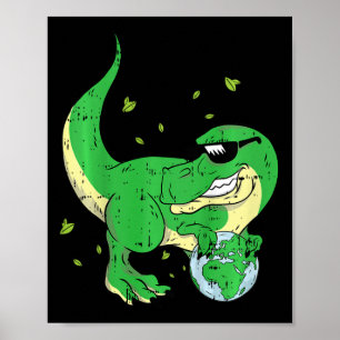Kids Dinosaur Holding Planet Earth Day Environment Poster