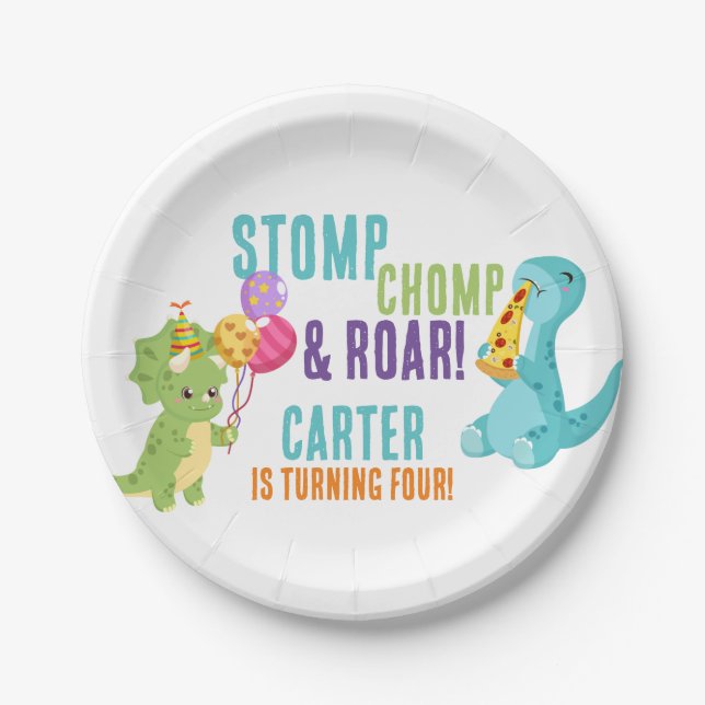 Kids Dinosaur Pizza Party Round Paper Plates (Front)