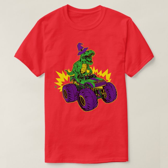 Kids Dinosaur Riding Monster Truck Lazy Halloween  T-Shirt (Design Front)
