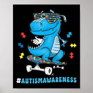 Kids Dinosaur Skateboarding Autism Awareness Choos Poster