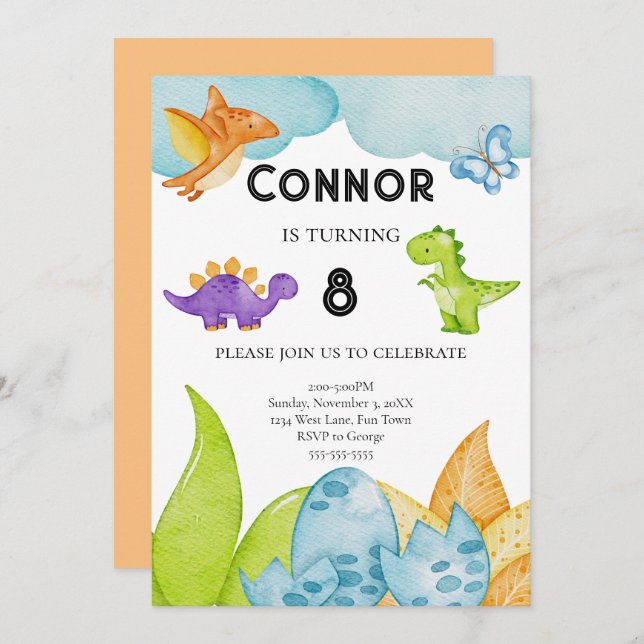 Kids Dinosaur Theme Birthday Jurassic Orange Invitation (Front/Back)