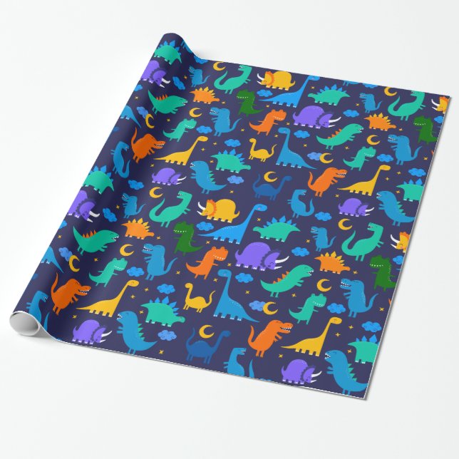 Kids Dinosaurs At Night Blue Orange Green Pattern Wrapping Paper (Unrolled)