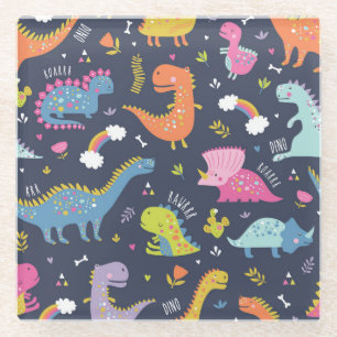 Kids Dinosaurs: Colourful Vintage Pattern Glass Coaster