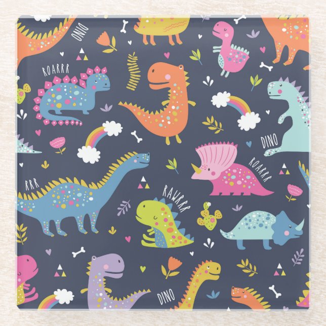 Kids Dinosaurs: Colourful Vintage Pattern Glass Coaster (Front)