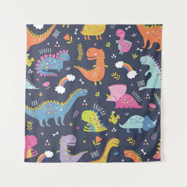 Kids Dinosaurs: Colourful Vintage Pattern Tapestry (Front)