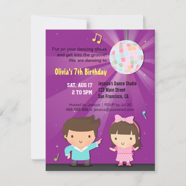 Kids Disco Ball Groove Dance Birthday Party Purple Invitation (Front)