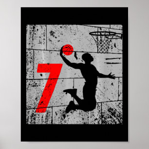 Kids Distressed 7 Year Old 7th Bysketbyll Birthday Poster