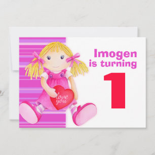 Kids doll first birthday pink birthday invite