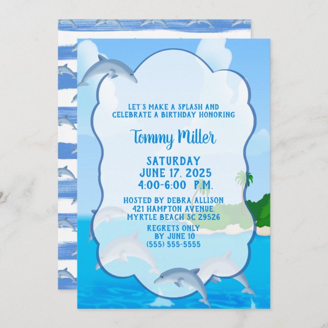 Kids Dolphin Splash Birthday Party Invitation (Front/Back)